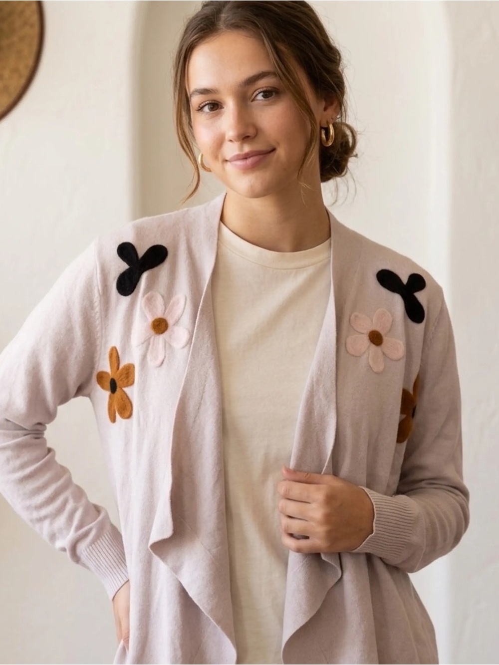 Aaeda Taupe Floral Appliqué Open Front Drape Cardigan Cozy Size L